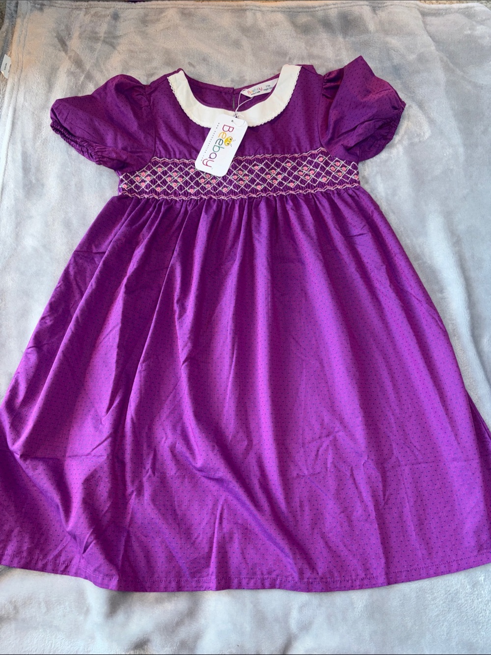 Beebay Girls' Purple Peter Pan Collar Smocked Dress